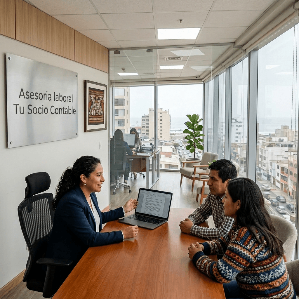 Lawyer consulting with two clients at a desk in a modern office with city view