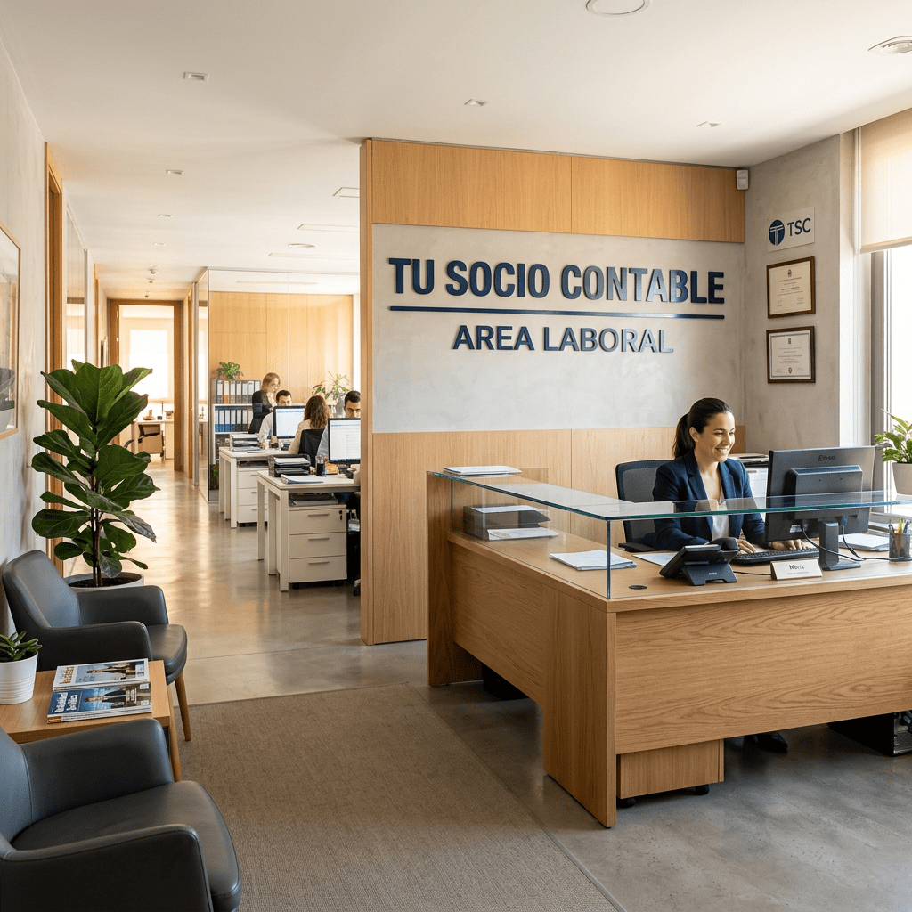 Reception area of accounting office with receptionist and coworkers in workspace