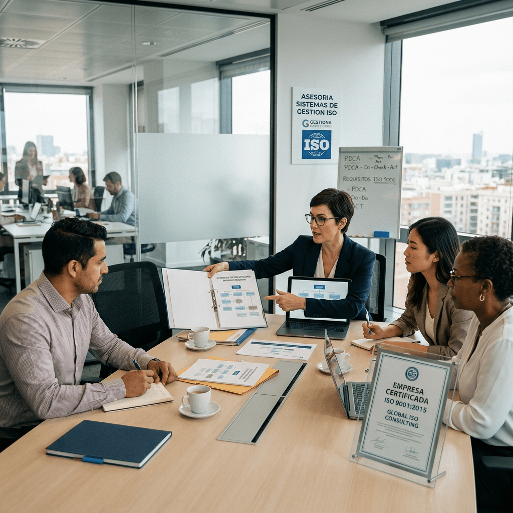 Business professionals discussing ISO management system documents during a meeting